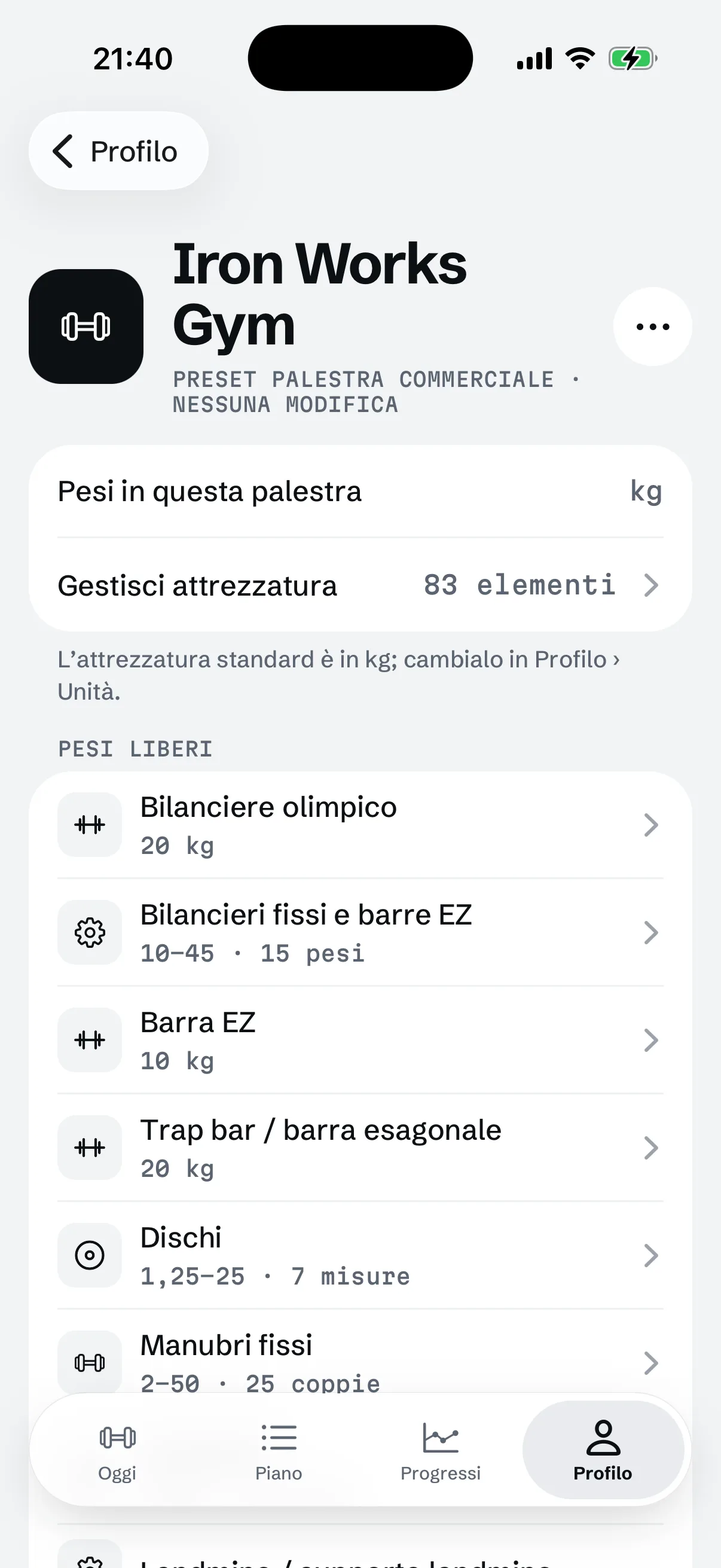 La schermata della palestra di RIGOR: una palestra commerciale con i carichi che ha.