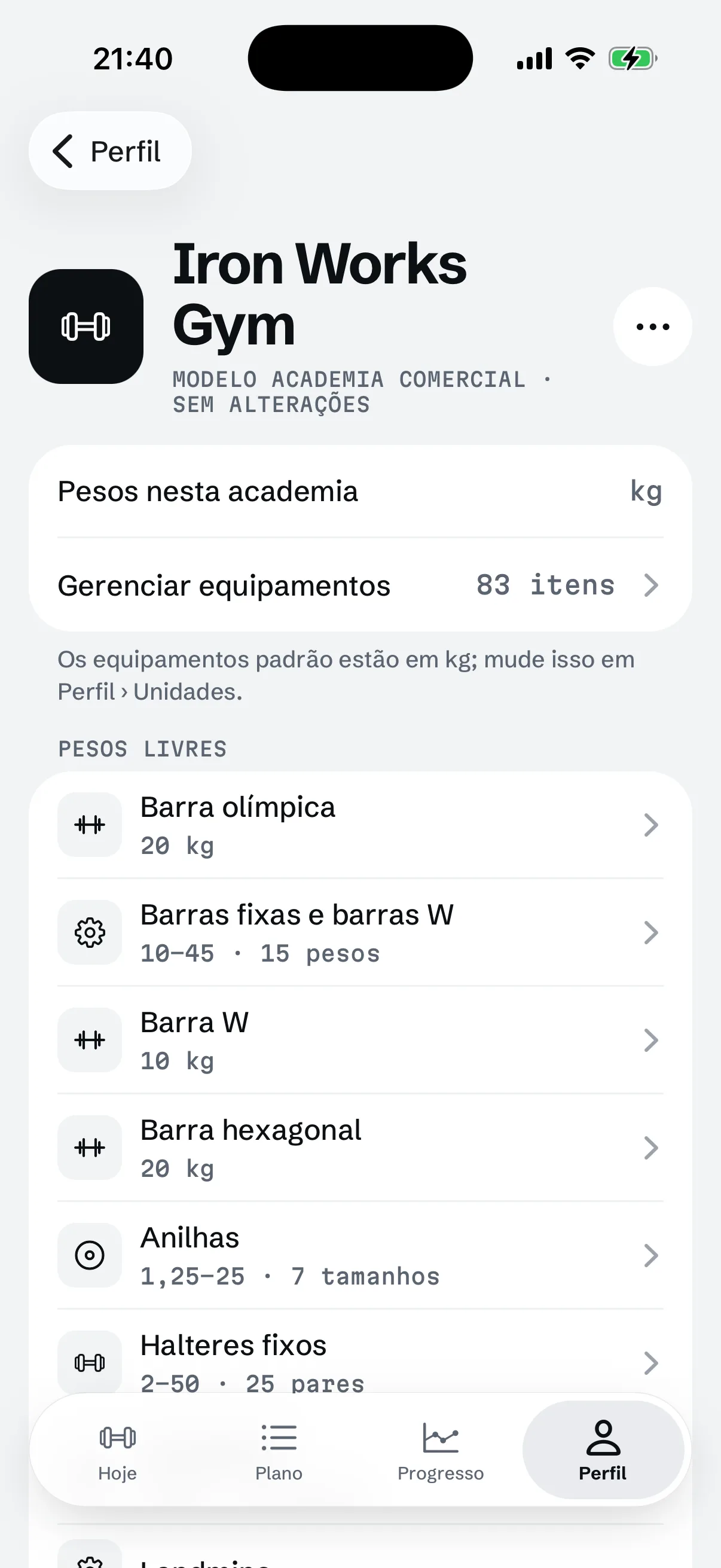 Tela da academia do RIGOR: uma academia comercial com os pesos que ela tem.