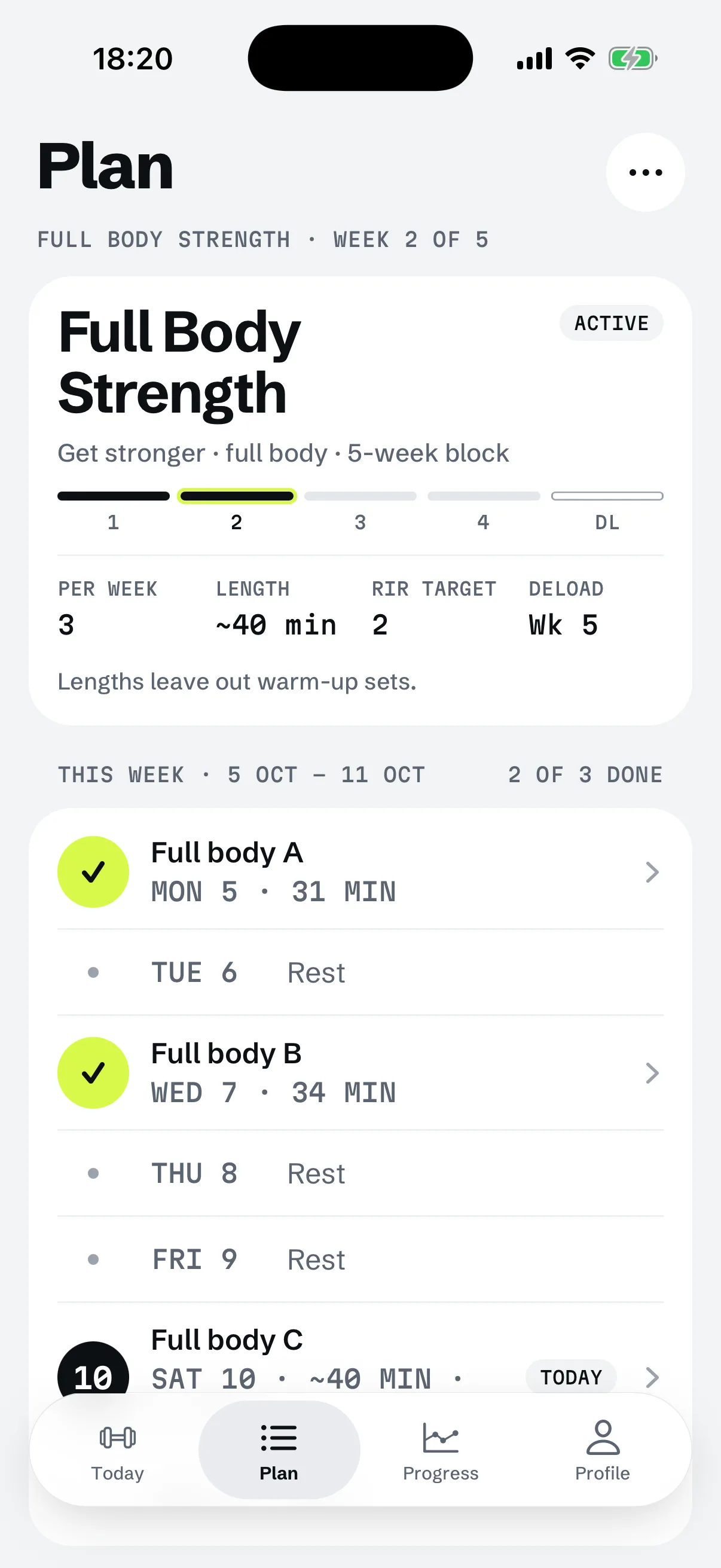 3 DAYS above exercise tiles: Barbell Back Squat, Barbell Bench Press and Romanian Deadlift, beside the app's Plan screen in week 2 of a 5-week block
