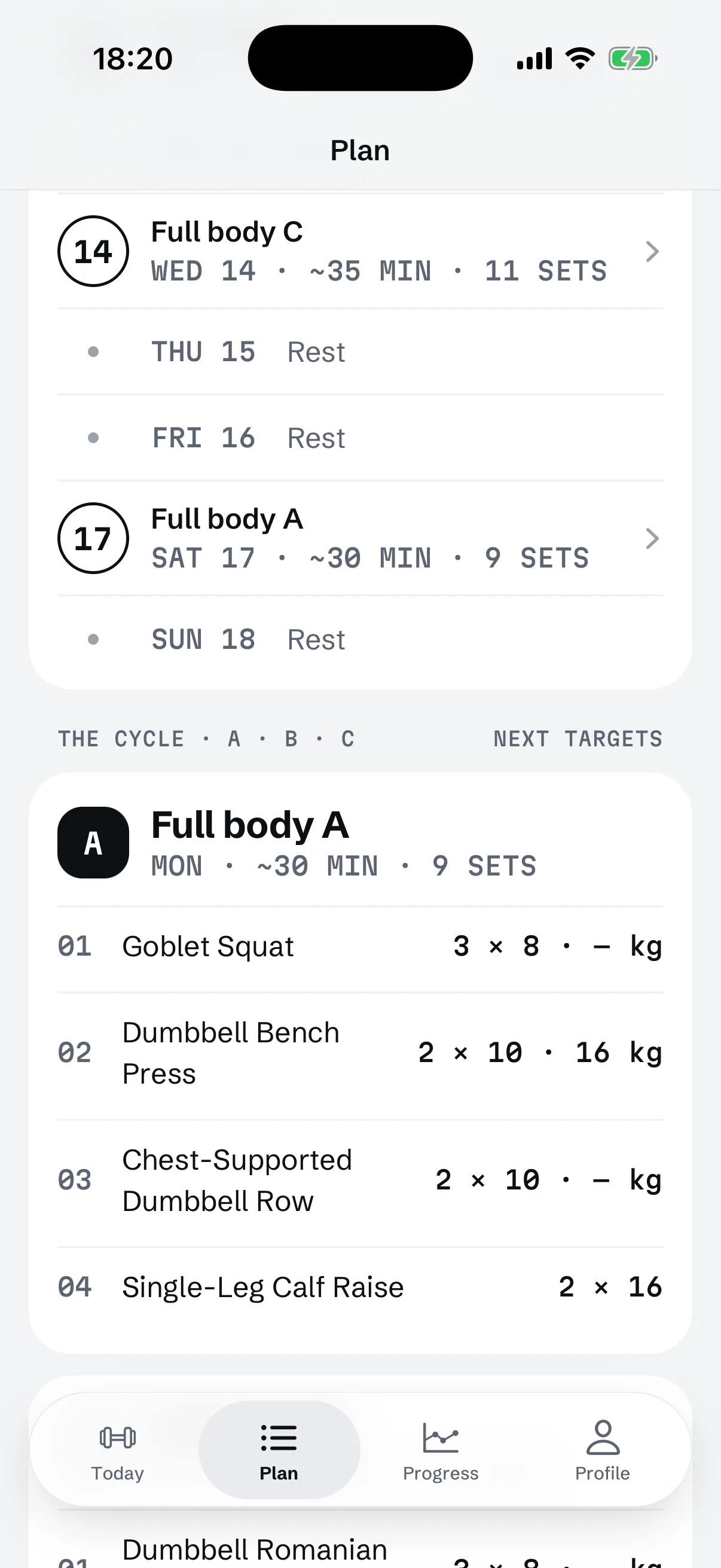 RIGOR's Plan screen for a three-day dumbbell plan, scrolled to next week: Full body C at about 35 minutes and 11 sets, Full body A at about 30 minutes and 9 sets, the cycle A · B · C, and the next targets for Full body A, starting with Goblet Squat 3 × 8 and Dumbbell Bench Press 2 × 10 at 16 kg