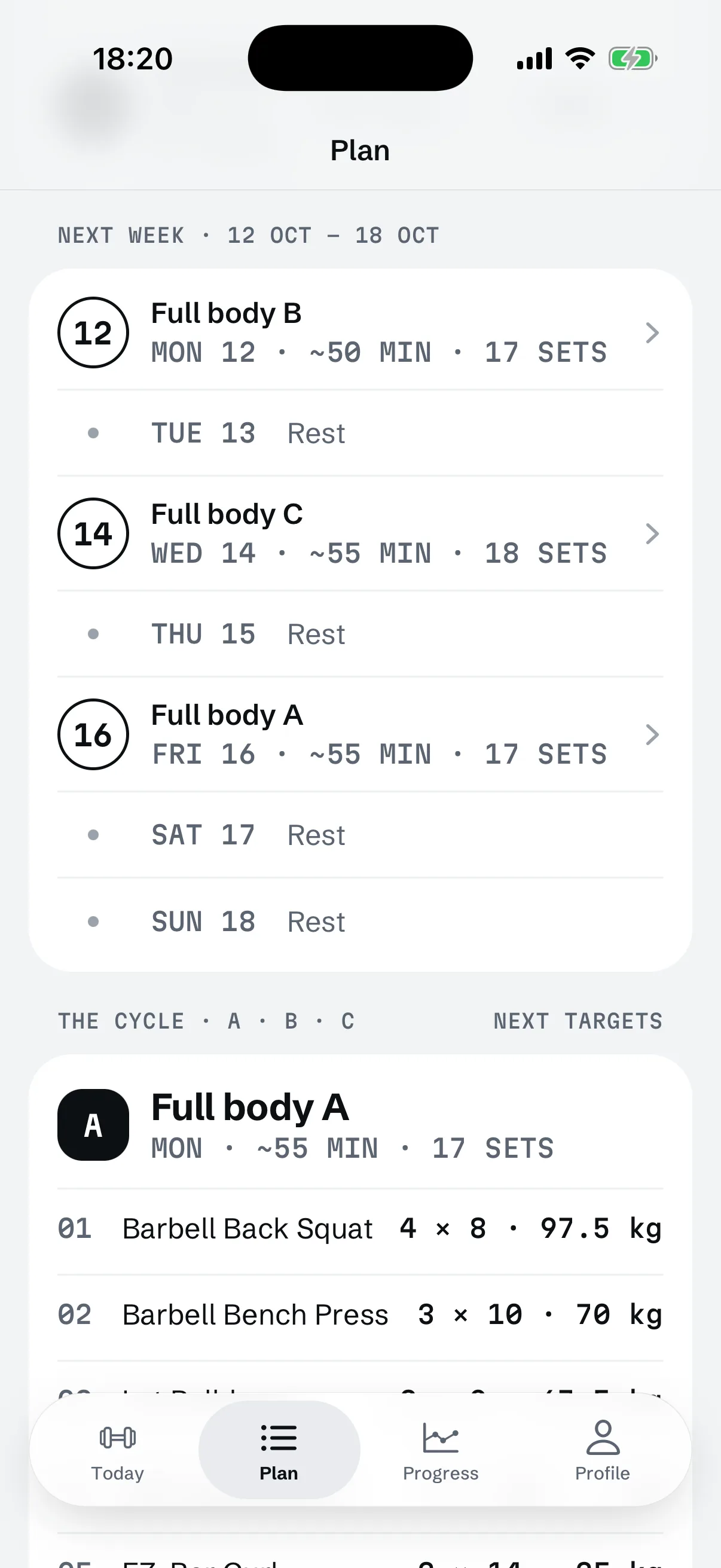 RIGOR's Plan screen for this three-day full-body plan, scrolled to next week: Full body B, Full body C and Full body A, each about 50 to 55 minutes before warm-up sets, with 17 or 18 sets and rest days between them, then the cycle A · B · C and the next targets for Full body A, starting with Barbell Back Squat 4 × 8 at 97.5 kg and Barbell Bench Press 3 × 10 at 70 kg