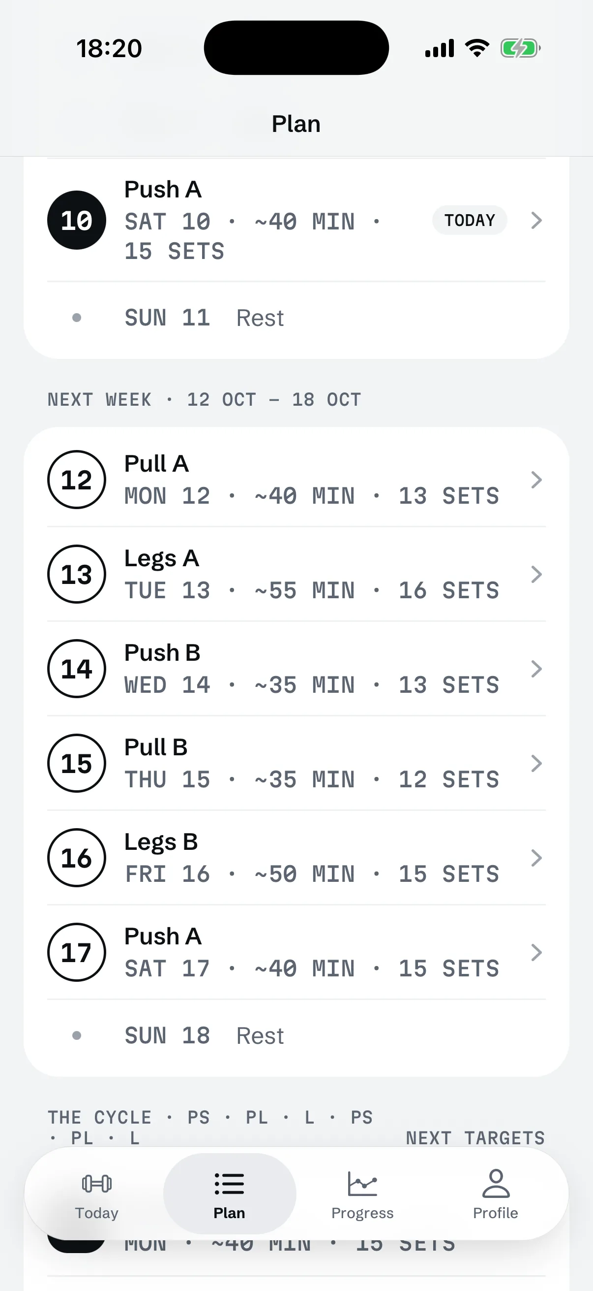 RIGOR's Plan screen for a six-day push/pull/legs plan that began on a Saturday: next week runs from Pull A on Monday to Push A on Saturday, each session with its length without warm-ups and its set count, and Sunday as the rest day