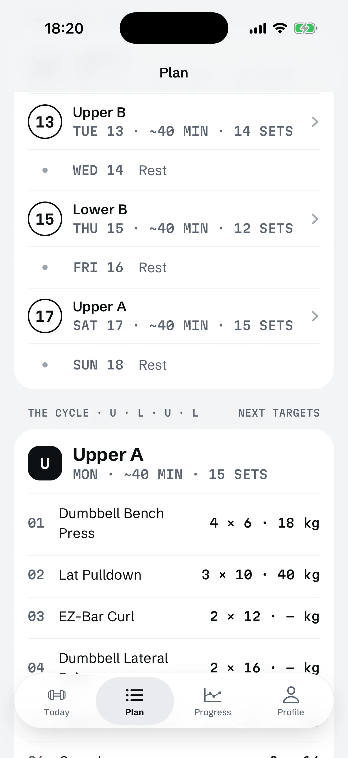 RIGOR's Plan screen for a four-day upper/lower plan, scrolled to next week: Upper B, Lower B and Upper A, each about 40 minutes with 12 to 15 sets and rest days between them, then the cycle U · L · U · L and the next targets for Upper A, starting with Dumbbell Bench Press 4 × 6 at 18 kg