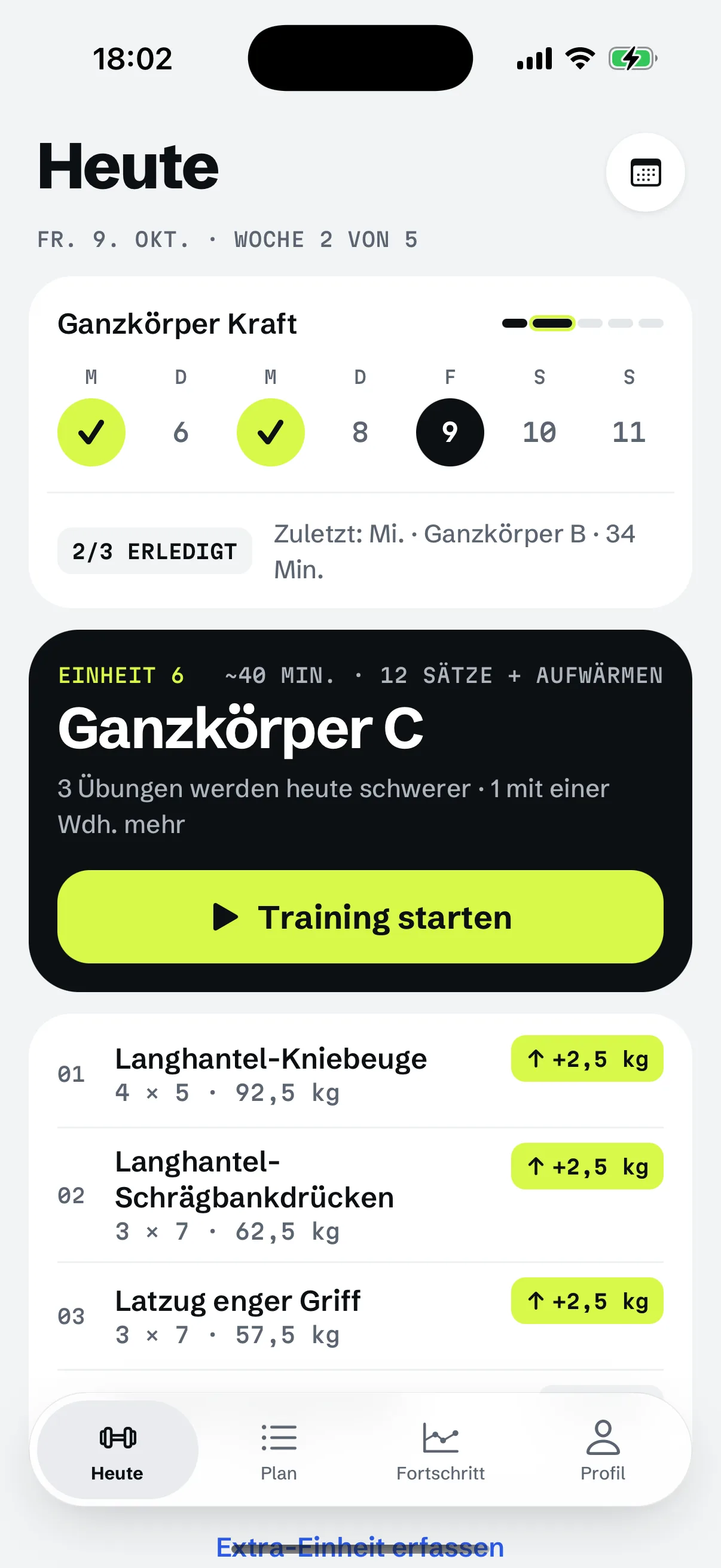 Der Heute-Bildschirm von RIGOR: das heutige Training mit Sätzen, Wiederholungsbereichen und Gewichten.
