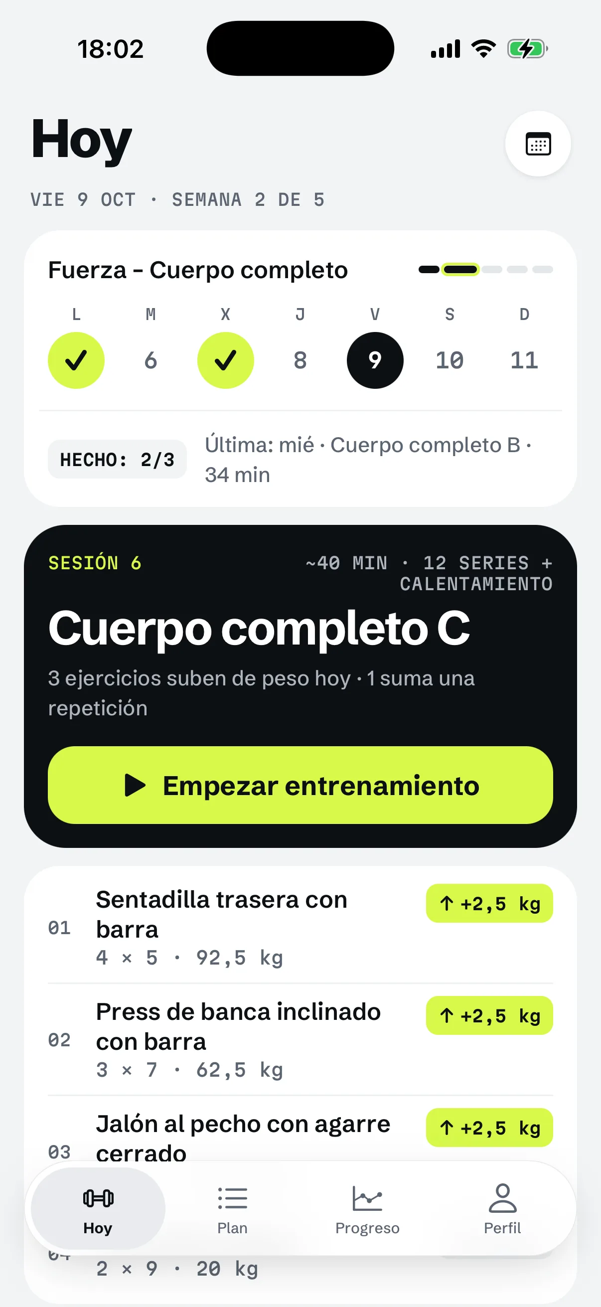La pantalla Hoy de RIGOR: el entrenamiento de hoy con series, rangos de repeticiones y pesos.