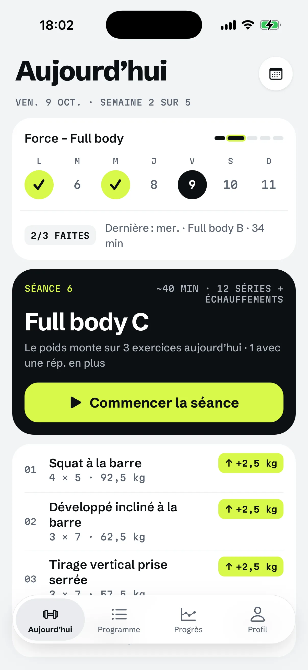 L’écran Aujourd’hui de RIGOR : la séance du jour avec séries, fourchettes de répétitions et charges.