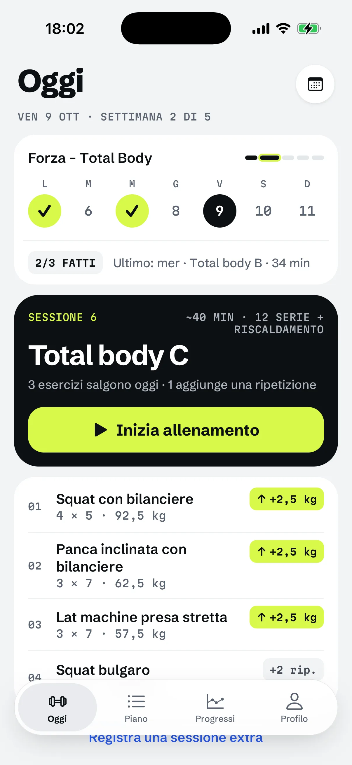 La schermata Oggi di RIGOR: l’allenamento di oggi con serie, range di ripetizioni e carichi.