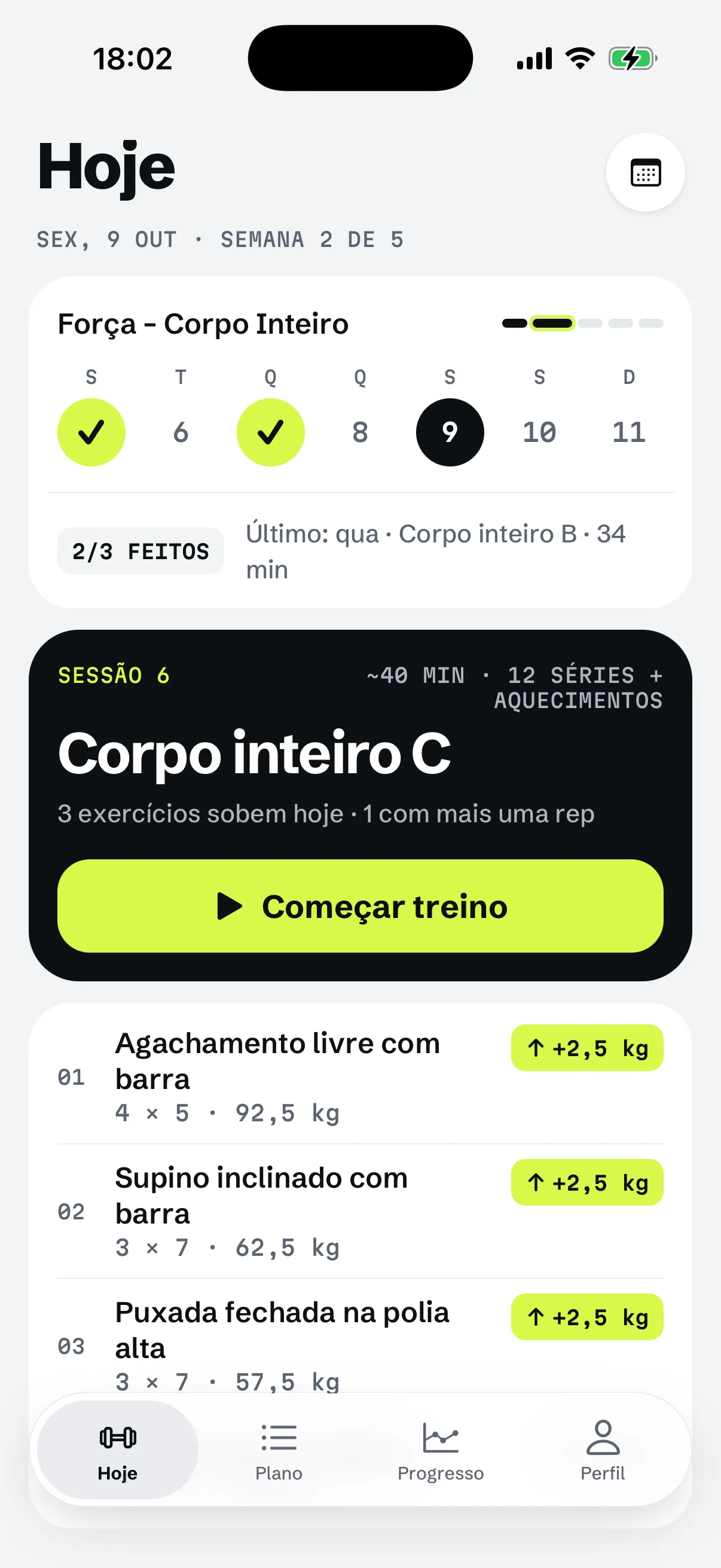 Tela Hoje do RIGOR: o treino de hoje com séries, faixas de repetições e cargas.