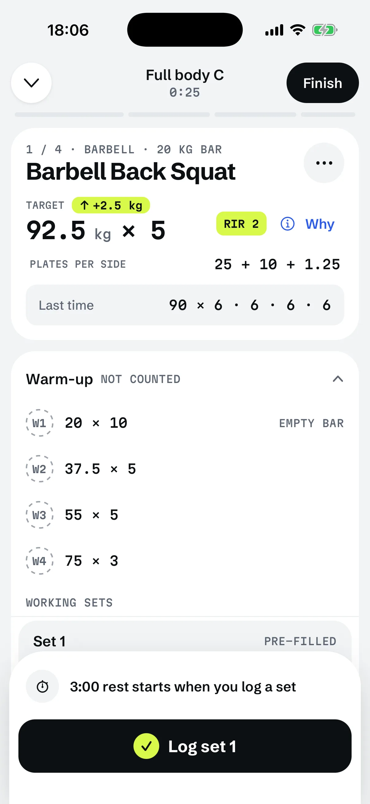 RIGOR's workout screen for a Barbell Back Squat with a target of 92.5 kg × 5: the warm-up list reads 20 × 10 with the empty bar, 37.5 × 5, 55 × 5 and 75 × 3, marked as not counted