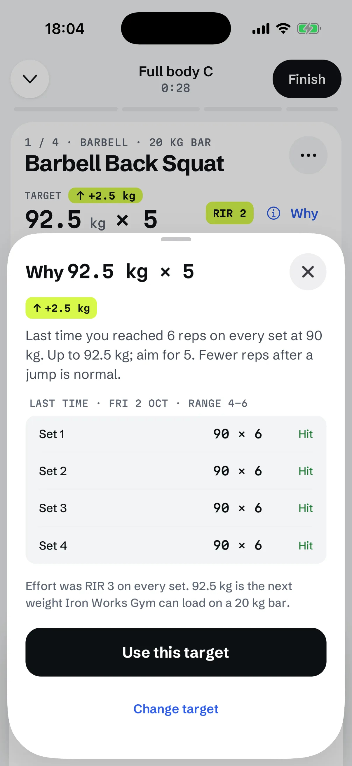 Five bars for five sessions, the fifth shorter and lighter, beside the app's Why sheet for a weight that went up