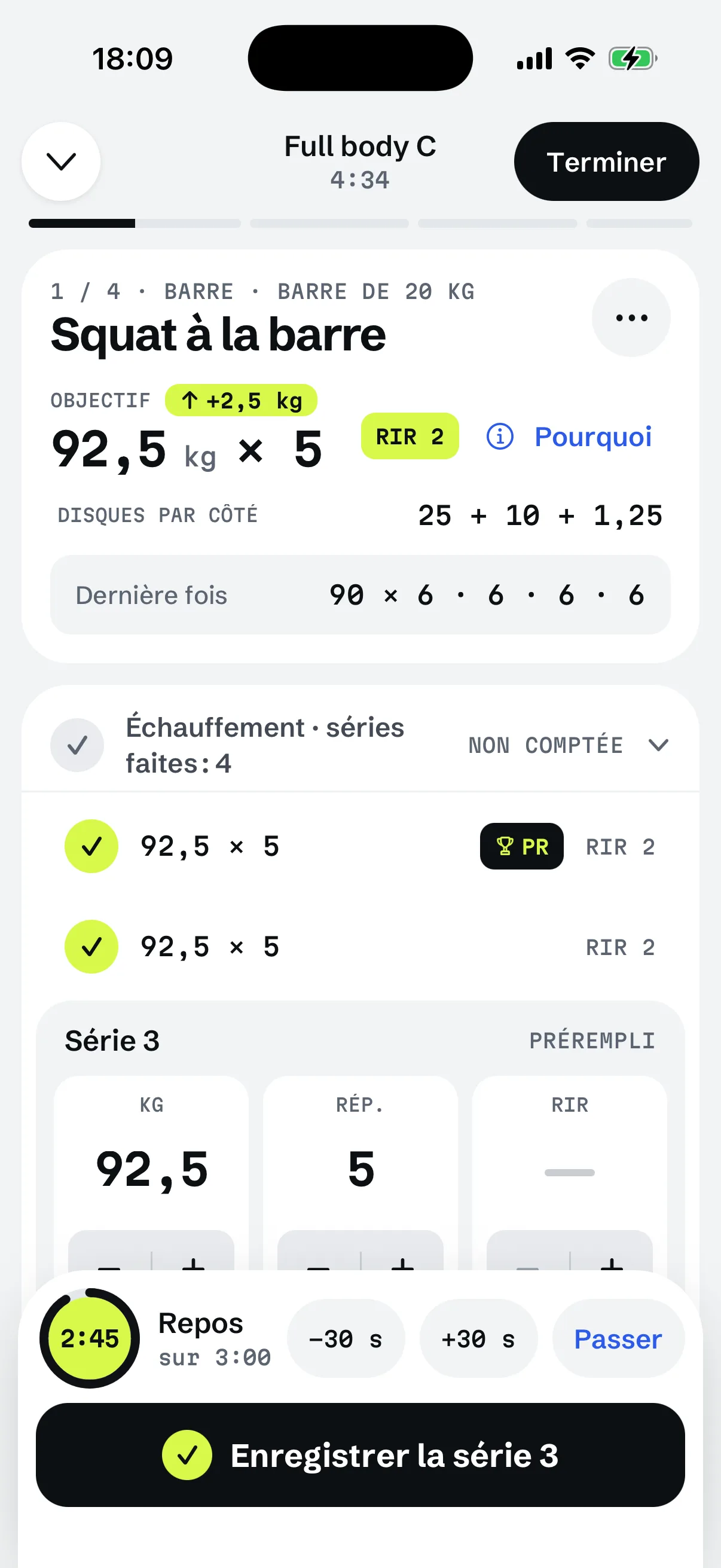 L’écran de séance de RIGOR : enregistrement d’une série, avec les chiffres de la dernière fois à côté.